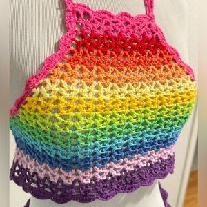 Club EXX Optical Retrograde Rainbow Crochet Top & Arm Warmers